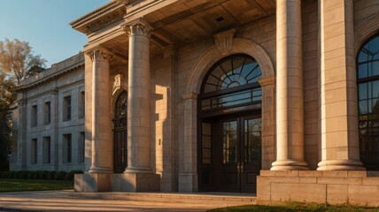Majestic Classical Building Facade with Ionic Columns at Golden Hour