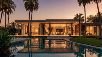 Luxury Modern House Design with Stunning Pool and Palm Trees at Sunset