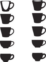 Obraz premium Collection of black silhouetted coffee and tea cup designs in varying shapes on a clean white background illustrating diverse beverage containers