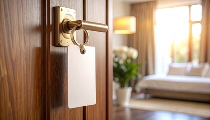 Obraz premium Hotel Room Door With Key Tag And Sunlight