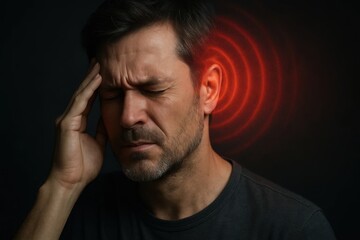 Man holding his head in pain with a red target near his ear, representing severe headache or tinnitus symptoms.