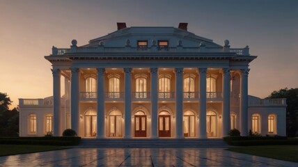 Naklejka premium Grand Neoclassical Mansion Architectural Design & Elegance at Dusk
