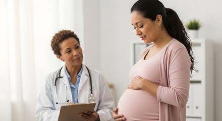 Black female doctor consulting pregnant woman in soft-lit clinic, warm supportive prenatal care scene