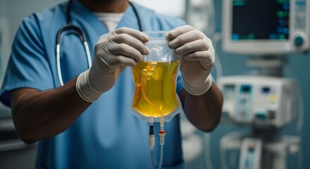 Healthcare provider in scrubs examining a yellow IV bag in hospital setting with medical equipment
