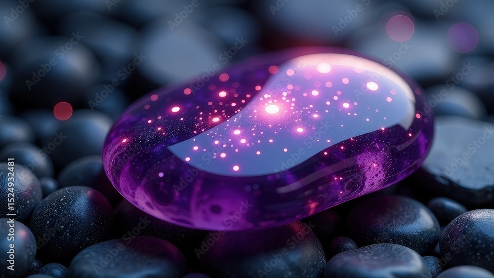 Wall mural purple gemstone with a star pattern on it. the gemstone is surrounded by black rocks