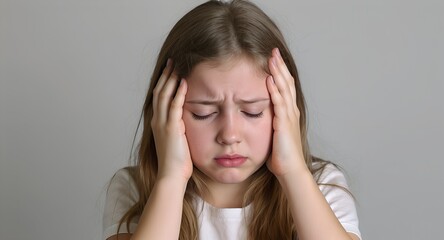 Distressed young girl with brown hair pressing hands to her head, suggesting headache or discomfort