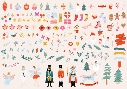 Christmas illustrations cute vector elements flowers, bells, bauble, nutcracker, ballerina, mouse king.  Cut out shapes drawing for digital stickers, social media, icons and template.