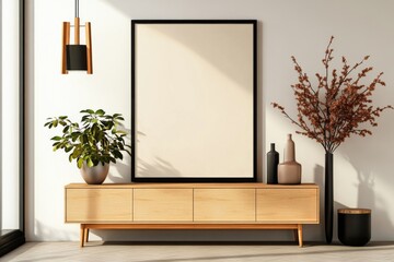 Modern Living Room Interior With Decorative Plants and a Large Frame in Natural Light
