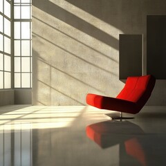 Sunlit room with red chaise lounge, reflecting on polished floor