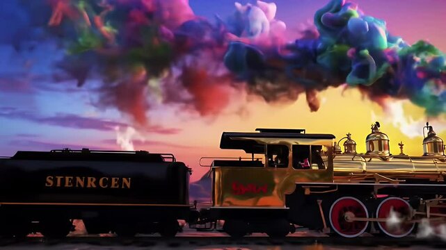 A golden steam train with vibrant red wheels, a dark black tender, and a colorful, cloud-like plume against a sunset sky