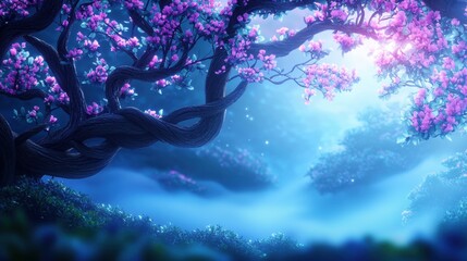 Fairy Magical forest with ancient twisted trees and soft glowing mist at dawn.