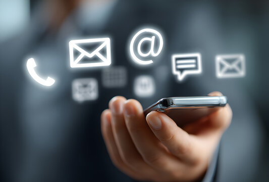 person holding smartphone with floating contact communication icons including phone, speech bubble, email and mail app symbols in white color against blurred background showcasing multi-channel connec