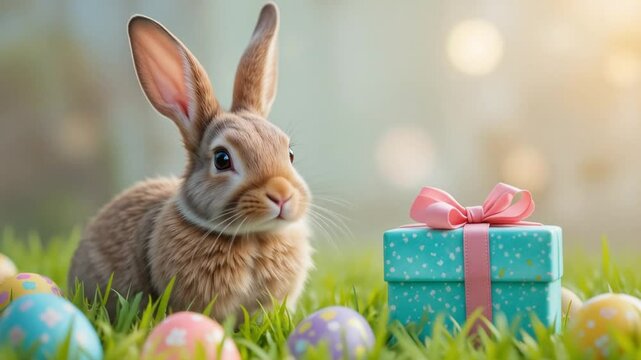 easter bunny rabbit in grass with colored easter eggs gift card background. 4k video 