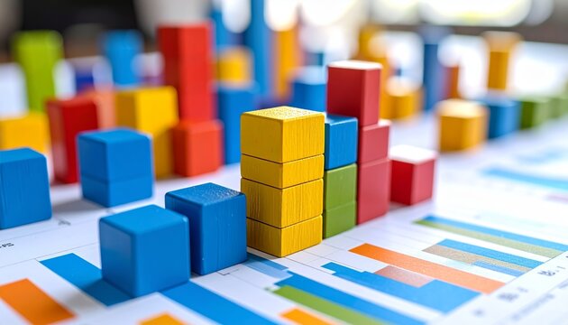 Growth chart. Gathering statistics and analyzing data. Toy block steps on many charts