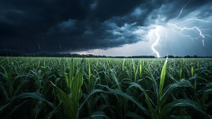 Realistic Lightning Strike Over Green Cornfield