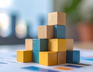 Growth chart. Gathering statistics and analyzing data. Toy block steps on many charts