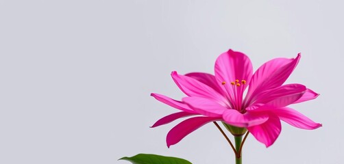 Obraz premium A vibrant pink flower, petals fully unfurled, blooms against a soft gray backdrop, spring, vibrant pink