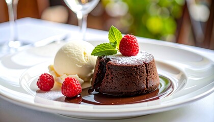 Decadent Molten Chocolate Lava Cake with Raspberry and Vanilla Ice Cream