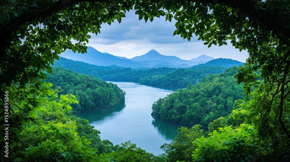 Poster curve a curving bridge crossing a river, framed by dense trees and distant mountains.