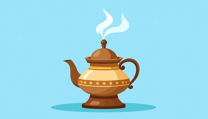 Golden Decorative Teapot With Steam On Light Blue Background