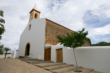 Ibiza, Spain; 1st June 2025: White church in the picturesque Sant Joan Labritja village in the north of the island of Ibiza.