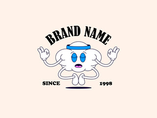 Funny cloud mascot logo meditating in cartoon illustration vector logo hand drawn