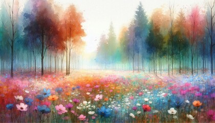 Naklejka premium a beautiful idyllic colorful flower field infront of a forest; watercolor painting with mixed colors