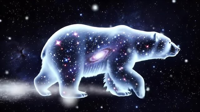 A polar bear, translucent and bathed in starlight, against a backdrop of cosmic dust and constellations