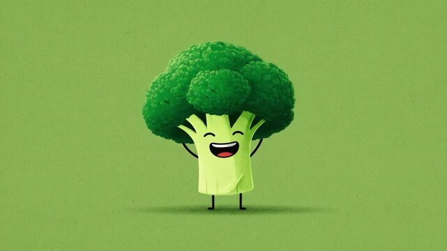 Animated broccoli character with a happy face raised arms and small legs set against a green background