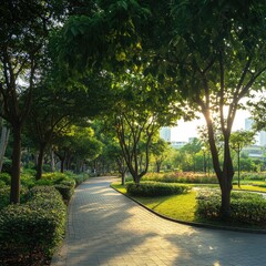 Obraz premium Sunlit path winds through a lush urban park, offering a tranquil escape amidst greenery