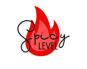 Spicy level text with Red Fire sign. Lettering poster for kitchen, cafe menu, recipe, poster, banner, emblem. Hot Sauce. Red fire flame. Vector sticker, label, badge, logo Chili spicy sauce