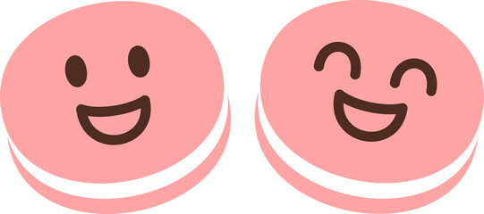 Strawberry macaron filled with buttercream. Topped with playful emoji made of chocolate ganache icing.