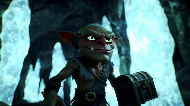 A sly goblin character, glowing eyes, and a sinister grin, stands in a dimly lit cave, holding a treasure chest. The scene is dark and mystical