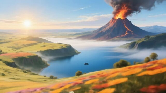 Panoramic vista contrasts joyful blooming flower valley with smoldering volcanic peak conceptual art