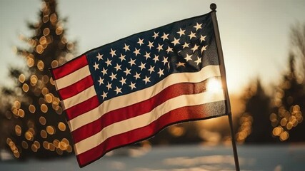 American flag waving in the golden light of sunset - Powered by Adobe
