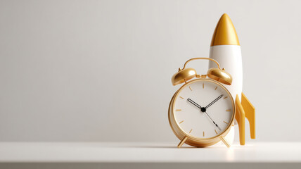 Analog clock beside rocket icon, metaphor of shifting from routine to rapid growth
