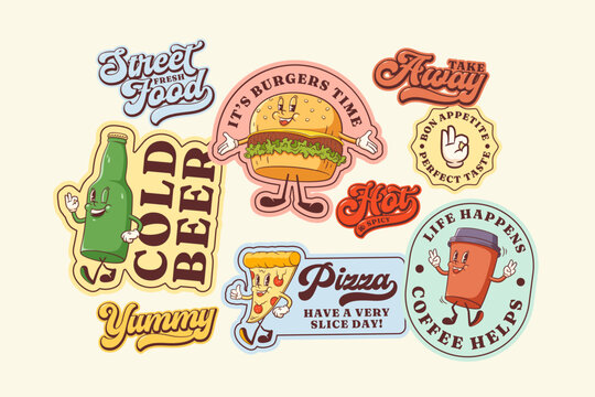 Groovy Burger Retro Character Stickers Set. Cartoon Hamburger, Pizza, Coffee, Beer Walking and Smiling. Vector Street Food Mascot Templates Patches Collection. Vintage Fast Food Illustrations Isolated