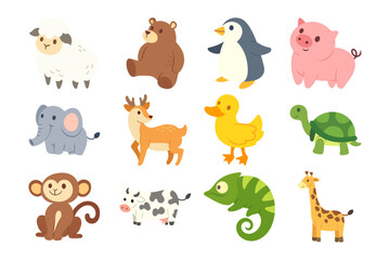 Fototapeta premium Set of cute cartoon animals posing on white background vector illustration