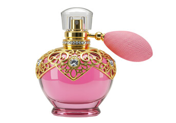 Isolated Ornate Pink Perfume Bottle with Atomizer