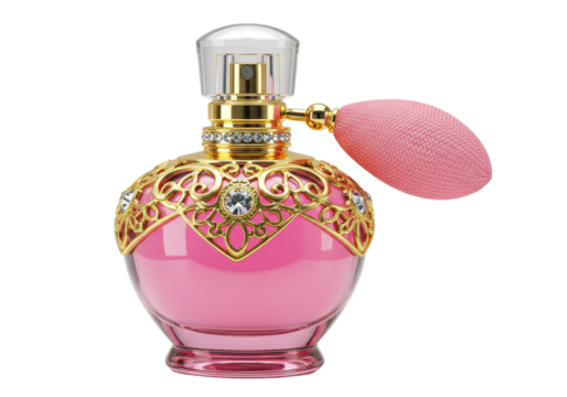 Isolated Ornate Pink Perfume Bottle with Atomizer