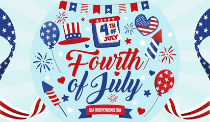 Obraz premium Colorful Fourth of July 2025 celebration banner with festive typography fireworks, balloons, and red-blue decor elements. USA Independence Day icons and elements. Vector Illustration
