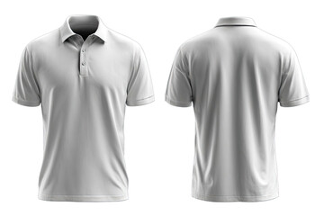 Front and back view of a light gray polo shirt, featuring a collared neckline and short sleeves.  A button placket is visible on the front