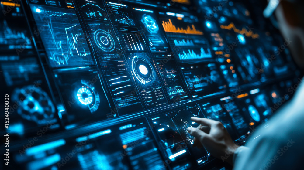 Poster data analyst examines digital dashboard filled with colorful visualizations at a modern tech facilit