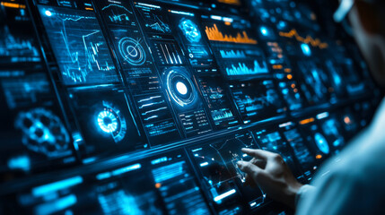 Data analyst examines digital dashboard filled with colorful visualizations at a modern tech facility