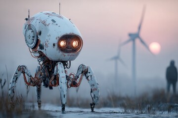 Ai-powered wind turbine maintenance robot enhancing sustainable energy solutions at sunrise in clean technology environments