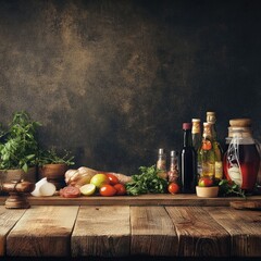 Rustic wooden table displays culinary ingredients; herbs, meats, vegetables, and oils