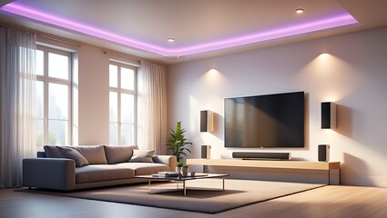 Fototapeta premium Modern Living Room with Smart Home Technology Featuring LED Ambient Lighting, Neutral Decor, and Integrated Audio System in a Bright, Contemporary Space