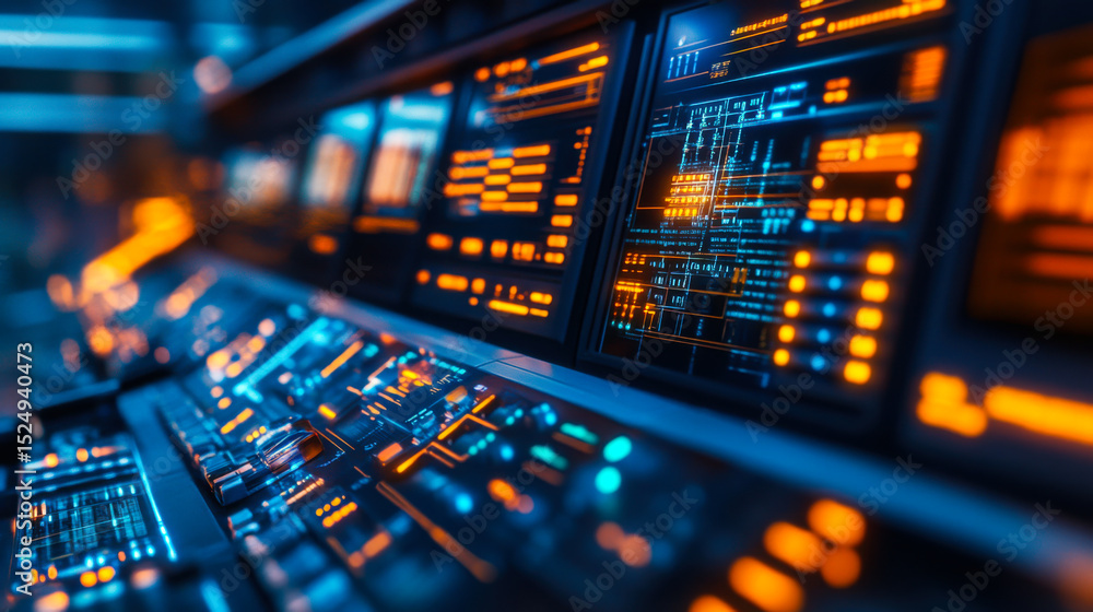 Poster high-tech control room with glowing interfaces and digital displays used for monitoring systems