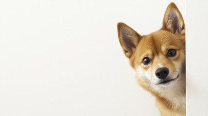 Curious corgi peeks around the corner in a cozy home setting