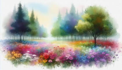 Fototapeta premium a beautiful idyllic colorful flower field infront of a forest; watercolor painting with mixed colors